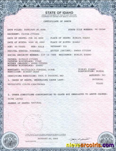 USA state Idaho death certificate